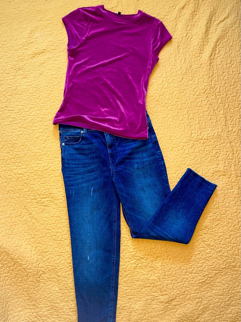 Express Women’s Dark Blue Skinny Jeans and Express Berry Velvet Top.